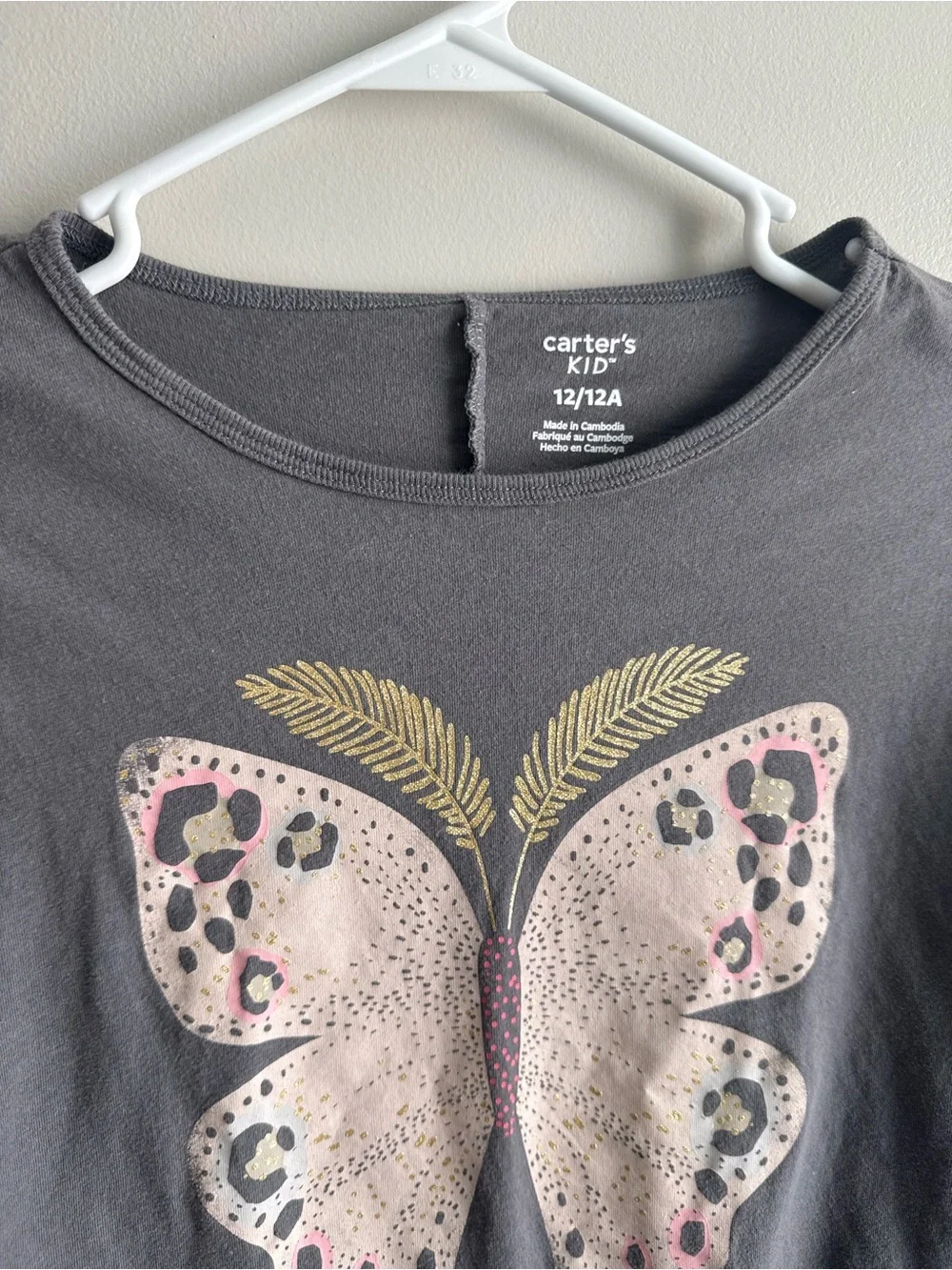 Carter's Charcoal Gray Long Sleeve Top with Pink & Gold Butterfly